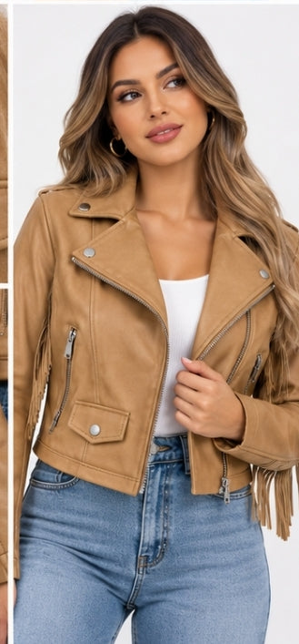 Chaqueta marrón estilo cuero de mujer, talla única