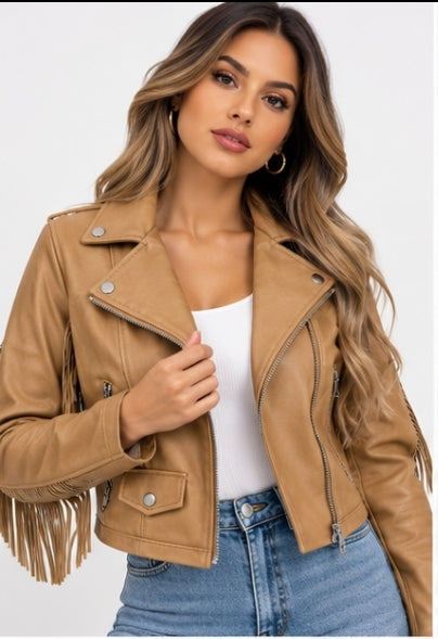 Chaqueta marrón estilo cuero de mujer, talla única