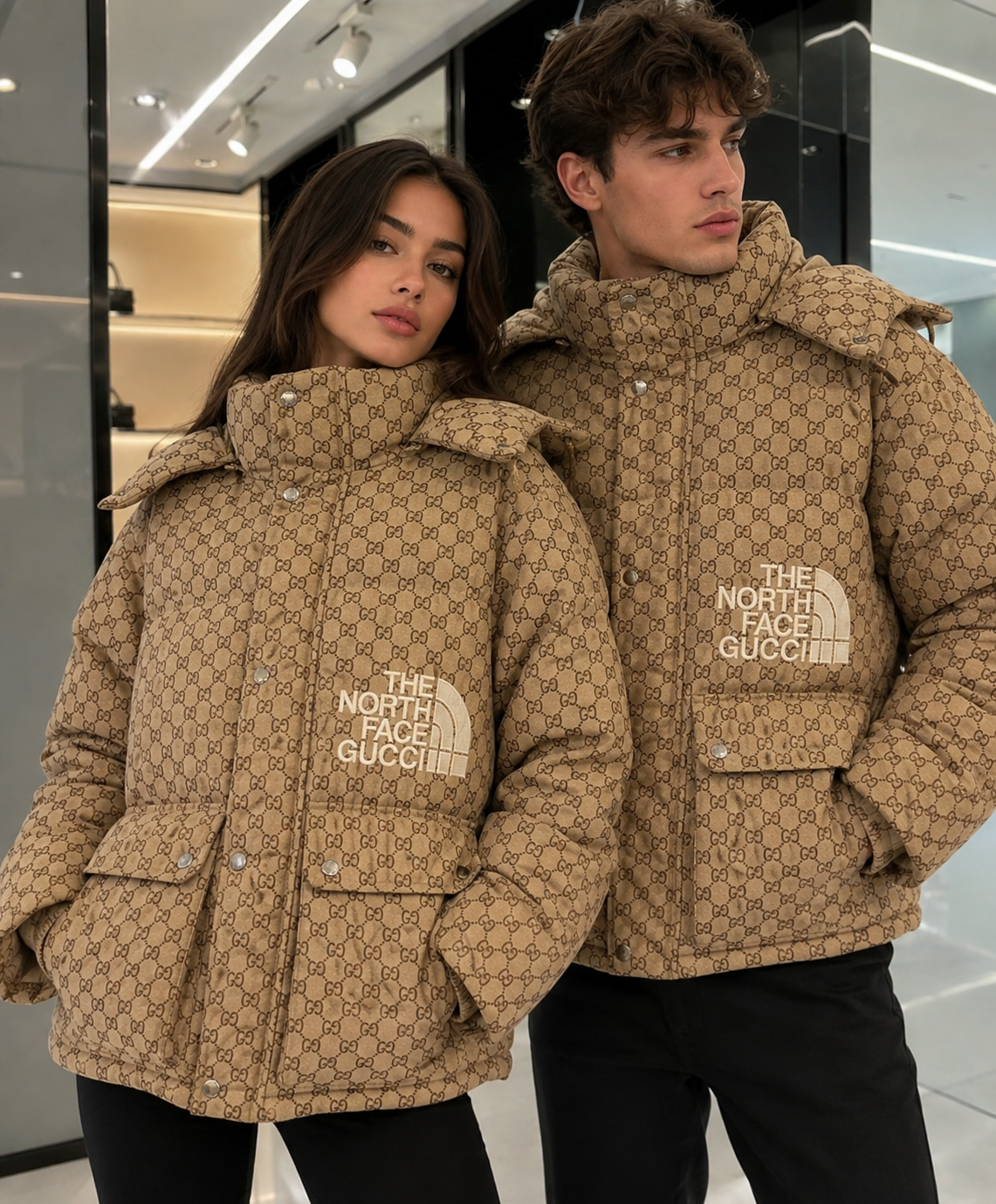Chaqueta acolchada unisex estilo urbano beige con monograma