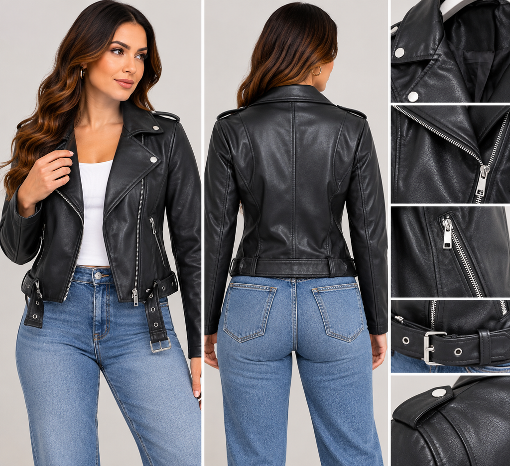 Chaqueta estilo cuero para mujer negra