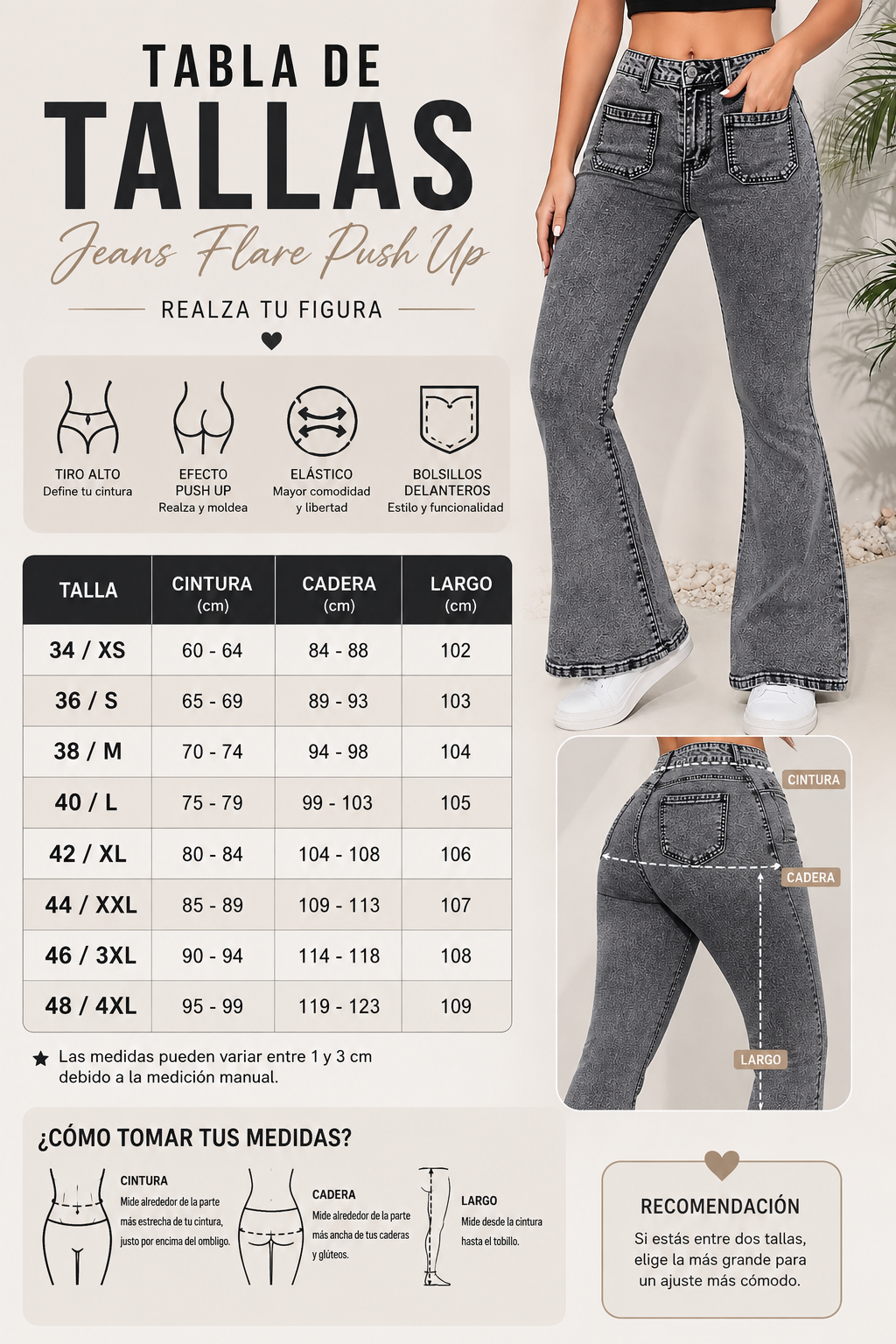 Jeans Flare Push Up – Gris Lavado con Bolsillos Delanteros