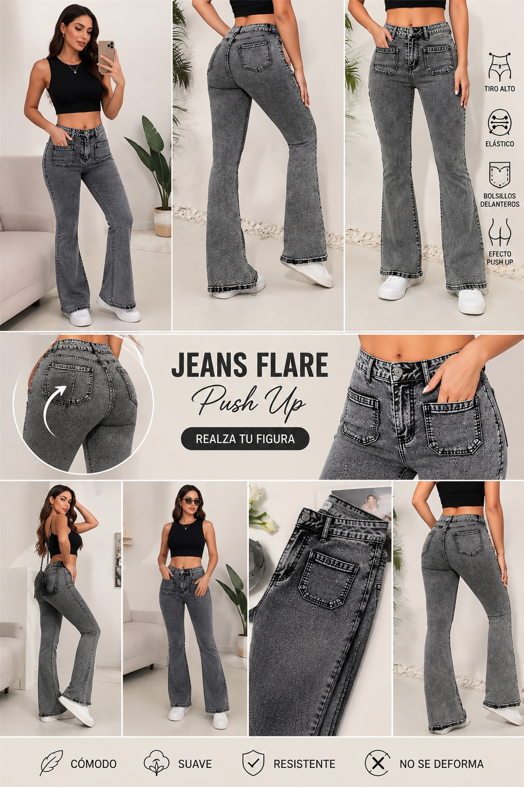 Jeans Flare Push Up – Gris Lavado con Bolsillos Delanteros