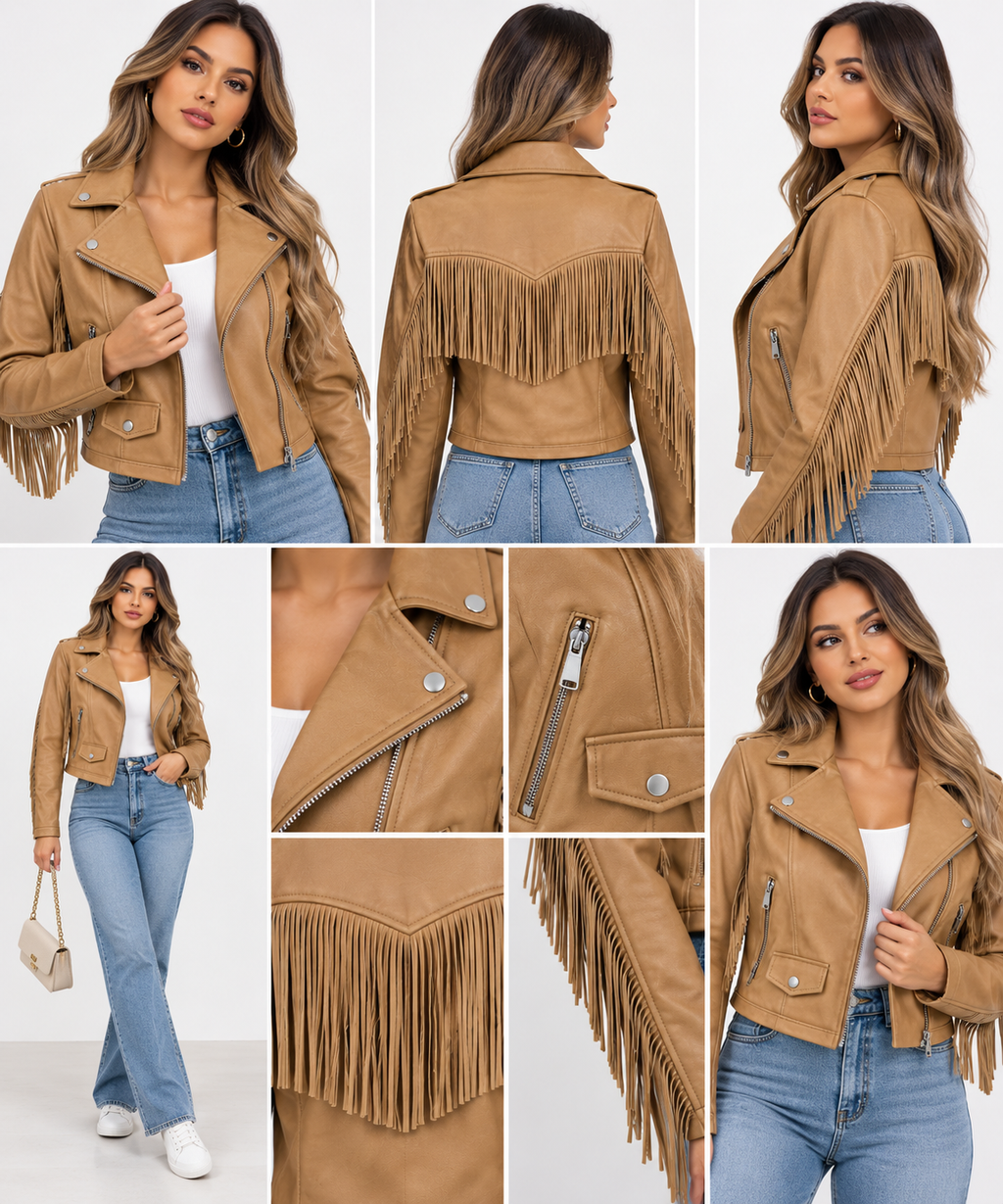 Chaqueta marrón estilo cuero de mujer, talla única