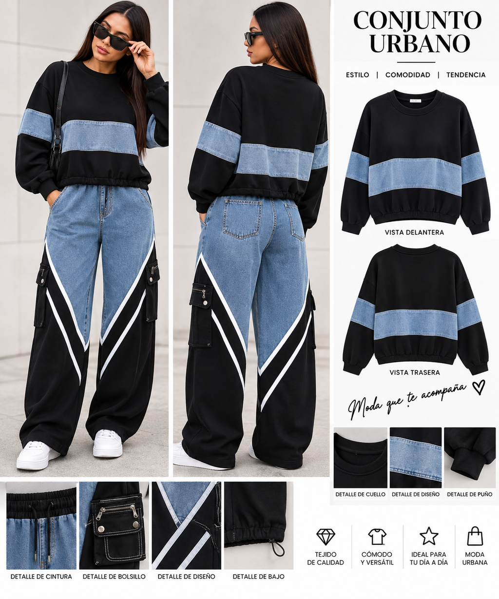 Conjunto vaquero de mujer con sudadera y pantalón ancho