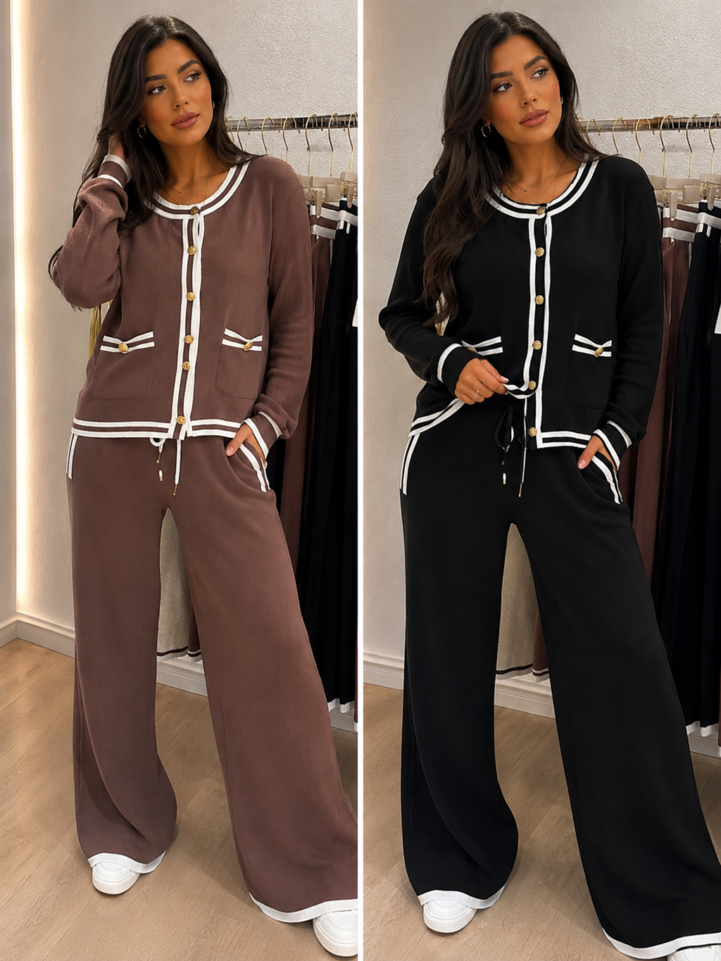 Conjunto de Punto Elegance – Chaqueta Cropped y Pantalón Palazzo
