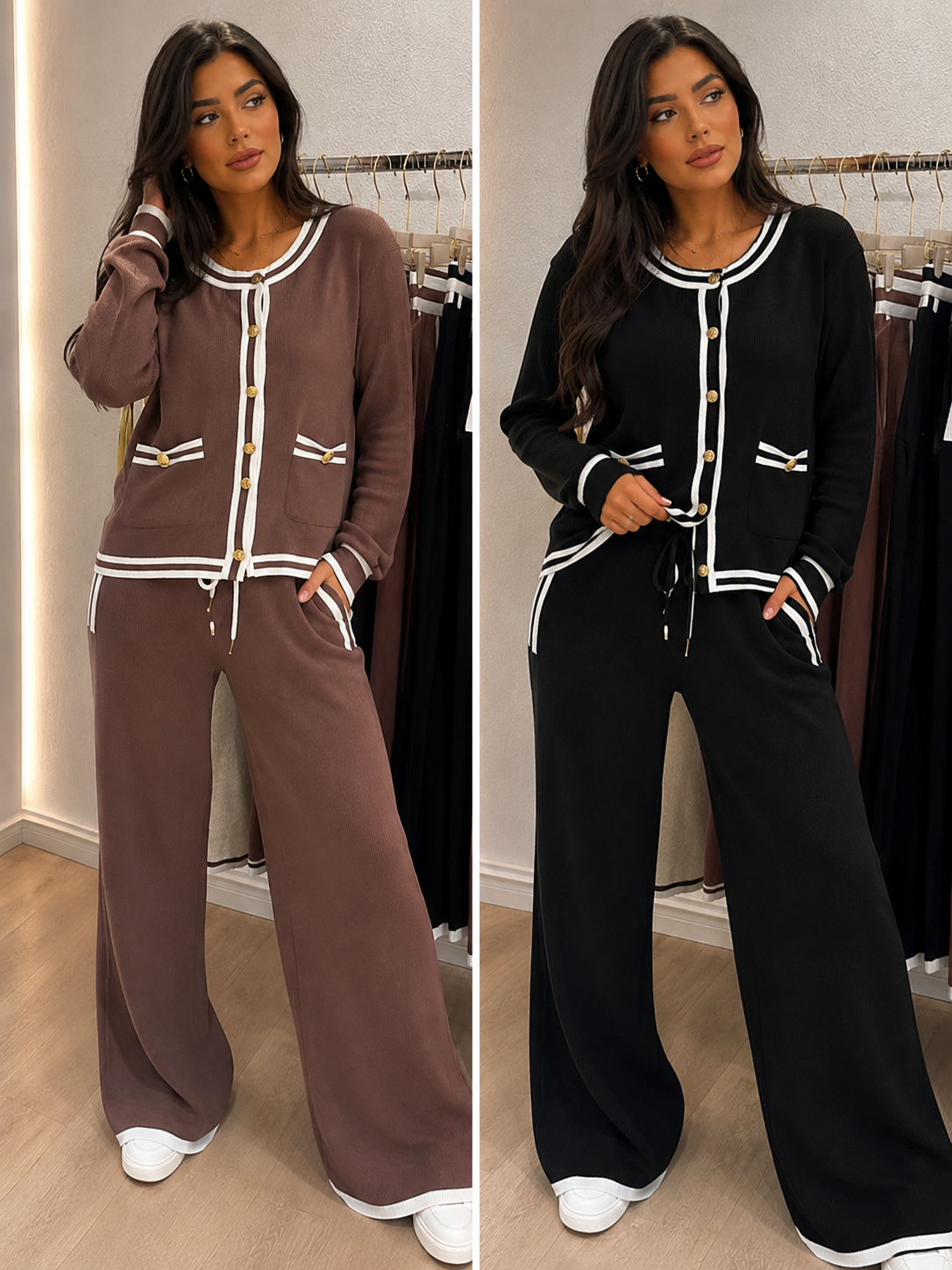 Conjunto de Punto Elegance – Chaqueta Cropped y Pantalón Palazzo