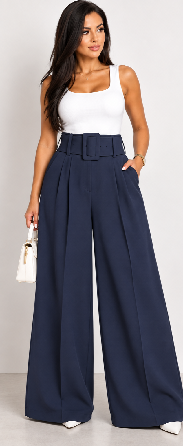 Pantalón Palazzo de Tiro Alto con Tablas