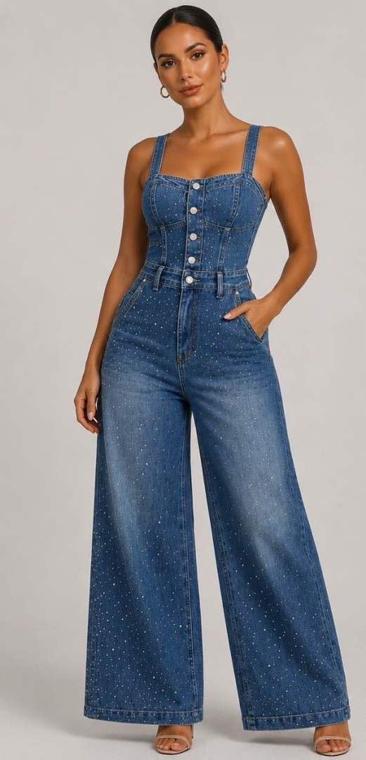 Mono vaquero ancho para mujer con botones