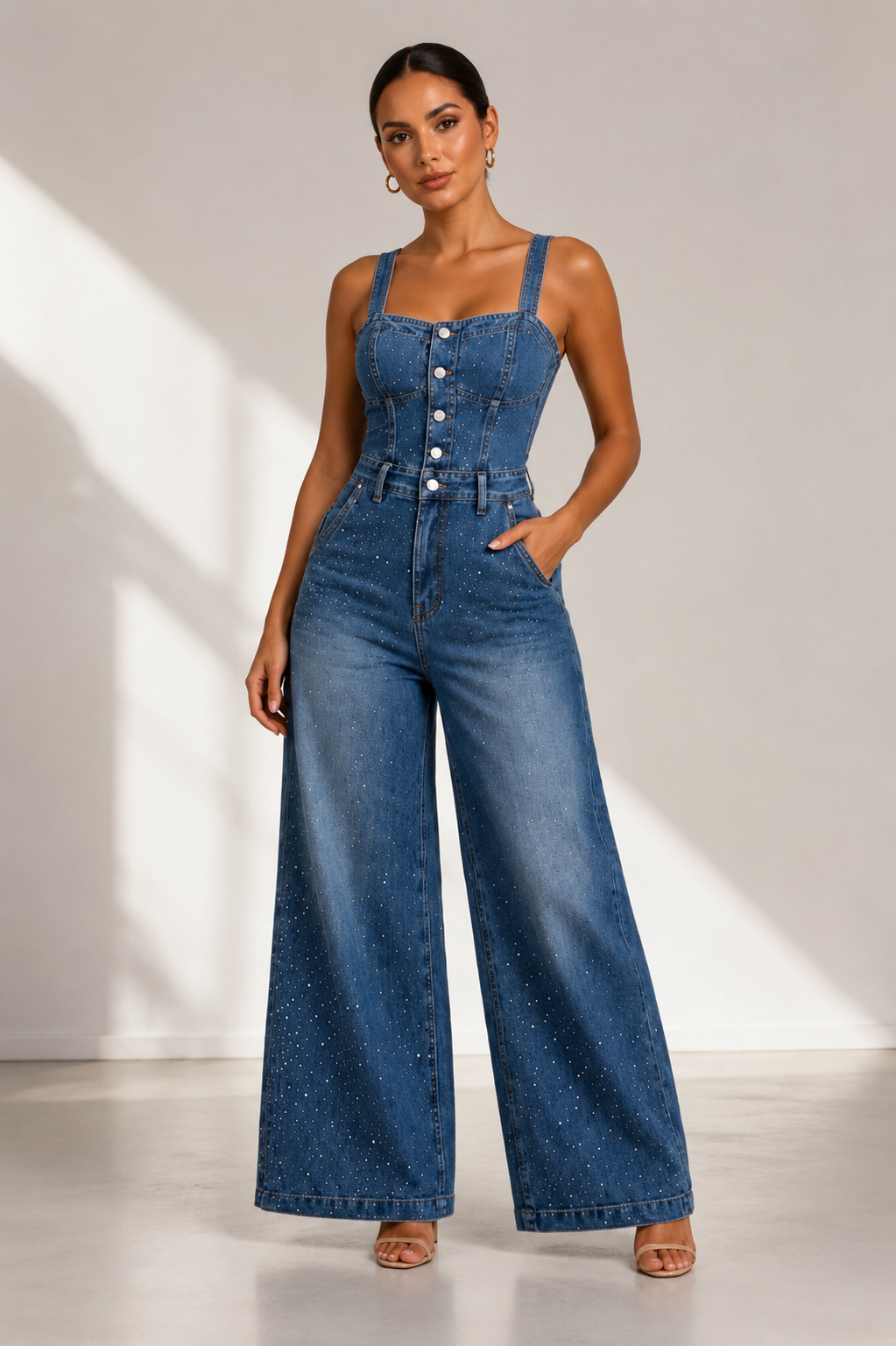 Mono vaquero ancho para mujer con botones