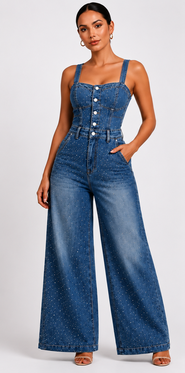 Mono vaquero ancho para mujer con botones